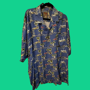 Men’s Pineapple Connection blue car & palm tree print “Hawaiian” shirt, size 3XT